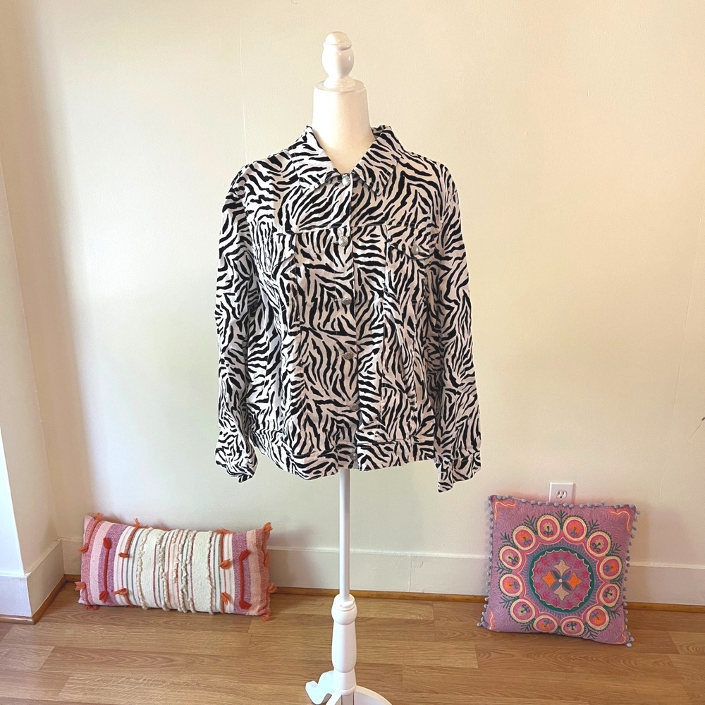 Anthropologie Lucy & Laurel 100%‎ Linen Zebra Print Light Jacket 3X Trucker Top